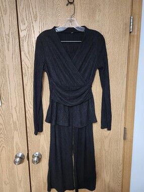 Black Ribbed Wrap-Style Two-Piece Set